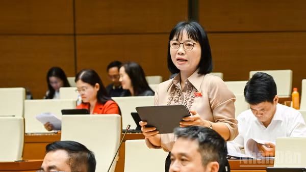 Đại biểu Nguyễn Thị Việt Nga, Phó trưởng Đoàn đại biểu Quốc hội chuyên trách thành phố Hải Phòng phát biểu tại hội trường. (Ảnh: DUY LINH)