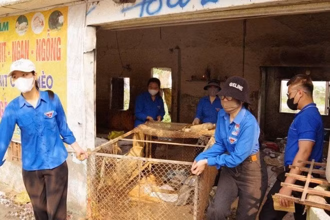 Hỗ trợ các hộ dân di dời đồ đạc, tháo dỡ các ki-ốt lấn chiếm hành lang giao thông và công trình thủy lợi ở xã Hưng Nguyên Nam. (Ảnh: TRẦN TRUNG HIẾU)
