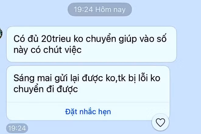Một trong nhiều tin nhắn mượn tiền từ tài khoản Zalo bị hack của ông Trần Thanh Út. 