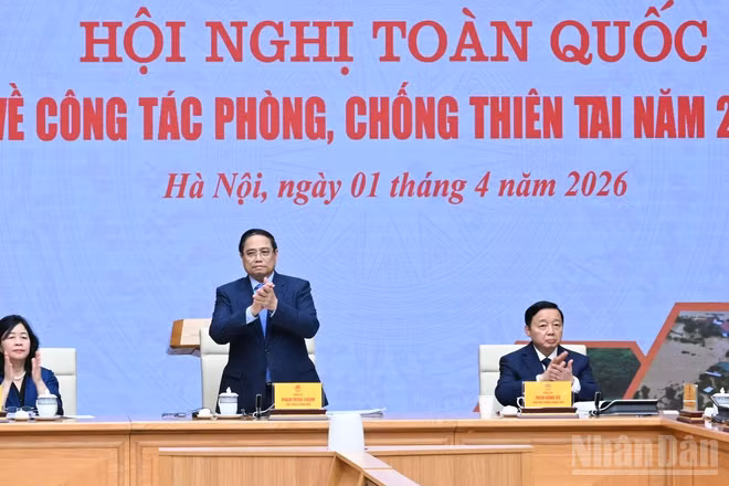 Thủ tướng Chính phủ Phạm Minh Chính chủ trì Hội nghị toàn quốc về công tác phòng, chống thiên tai năm 2026. (Ảnh TRẦN HẢI)