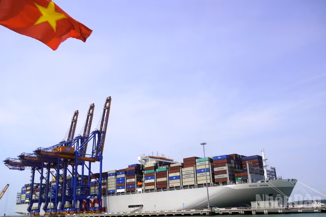 Một tàu container cập cảng Cái Mép-Thị Vải để bốc xếp hàng hóa. (Ảnh: Lê Đình Thìn)