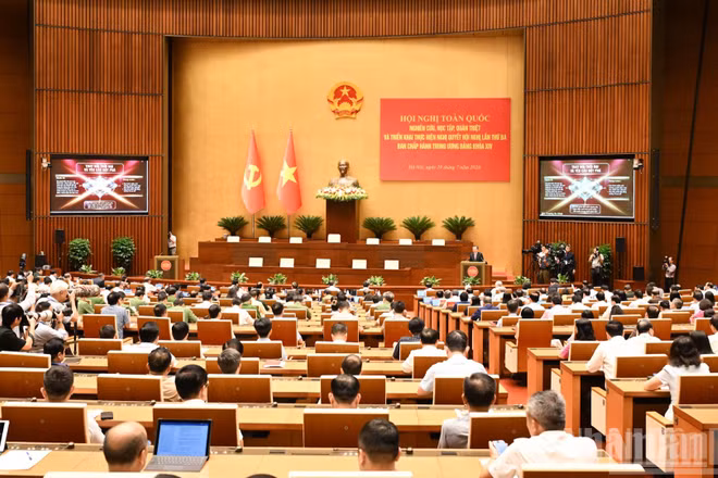 Quang cảnh Hội nghị toàn quốc nghiên cứu, học tập, quán triệt và triển khai thực hiện Nghị quyết Hội nghị lần thứ ba Ban Chấp hành Trung ương Đảng khóa XIV. (Ảnh: Trần Hải)
