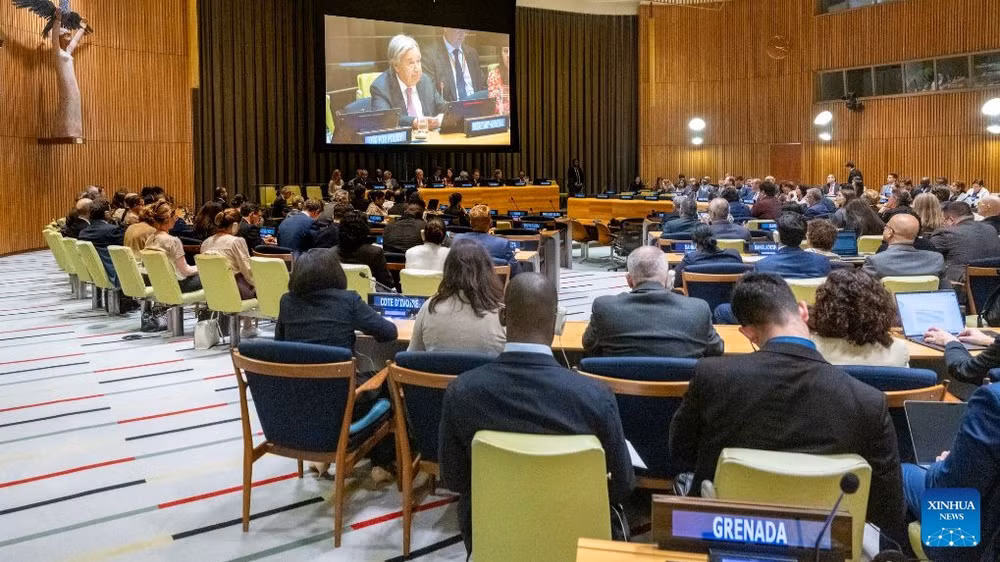 Tổng Thư ký Liên hợp quốc Antonio Guterres phát biểu tại một cuộc họp không chính thức của Đại hội đồng Liên hợp quốc tại trụ sở Liên hợp quốc ở New York, ngày 3/9. (Ảnh: Tân Hoa xã)