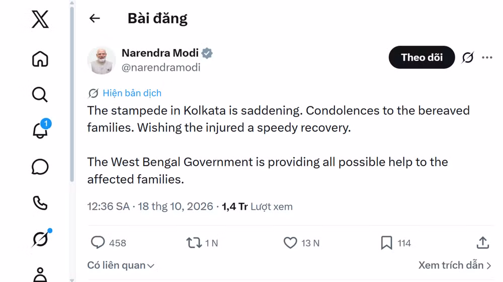 Bài viết trên trang mạng xã hội X của Thủ tướng Ấn Độ Narendra Modi. (Ảnh chụp màn hình)