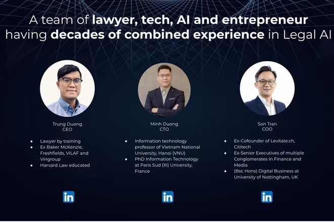 Dương Bảo Trung cùng đội ngũ phát triển LEXcentra, nền tảng ứng dụng AI vào tra cứu, phân tích và xử lý công việc pháp lý. Ảnh: Âu Lạc Grand Prize.
