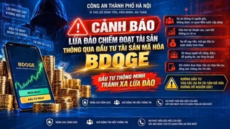 Công an Hà Nội cảnh báo thủ đoạn lừa đảo BDOGE. (Ảnh: Công an Hà Nội)