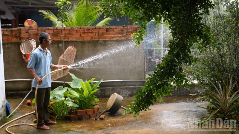 Anh Trương Hiếu Nghĩa, người dân xã Định Thành, huyện Dầu Tiếng, tỉnh Bình Dương dùng nguồn nước ngọt tưới vườn cây ăn trái của gia đình.