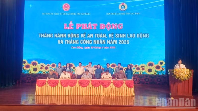 Đại diện các doanh nghiệp ký cam kết bảo đảm an toàn vệ sinh lao động.