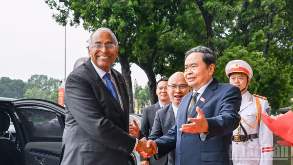 Chủ tịch Quốc hội Trần Thanh Mẫn đón Chủ tịch Quốc hội Cộng hòa Bờ Biển Ngà Patrick Achi. (Ảnh: DUY LINH)