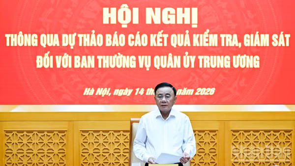 Thường trực Ban Bí thư Trần Cẩm Tú, Trưởng đoàn kiểm tra, giám sát số 221 của Bộ Chính trị, Ban Bí thư phát biểu kết luận hội nghị. (Ảnh: DUY LINH)