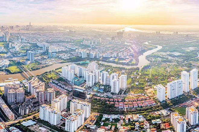 Xã Nhà Bè nhìn từ trên cao. (Ảnh UBND xã Nhà Bè cung cấp)