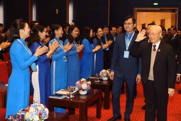 Tổng Bí thư Nguyễn Phú Trọng dự Lễ khai mạc Đại hội đại biểu toàn quốc Đoàn Thanh niên Cộng sản Hồ Chí Minh lần thứ XII, nhiệm kỳ 2022-2027 (Hà Nội, ngày 15/12/2022). Ảnh: Trí Dũng