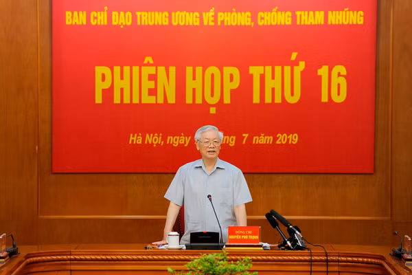 Tổng Bí thư, Chủ tịch nước Nguyễn Phú Trọng phat biểu tại phiên họp thứ 16, Ban Chỉ đạo Trung ương về phòng chống tham nhũng, ngày 26/7/2019. Ảnh: Đăng Khoa