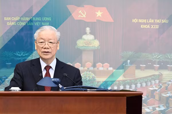 Tổng Bí thư Nguyễn Phú Trọng phát biểu bế mạc hội nghị. (Ảnh: ĐĂNG KHOA)