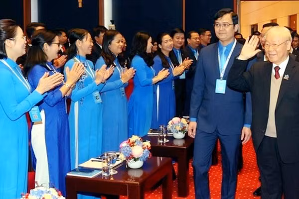 Tổng Bí thư Nguyễn Phú Trọng dự Đại hội đại biểu Đoàn Thanh niên cộng sản Hồ Chí Minh khóa XII nhiệm kỳ 2022-2027. (Ảnh: TTXVN)