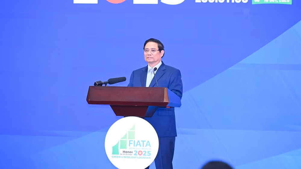Thủ tướng Chính phủ Phạm Minh Chính phát biểu ý kiến tại Đại hội FIATA World Congress 2025. (Ảnh: Trần Hải)