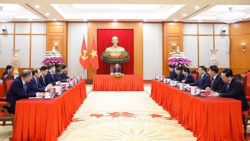 Quang cảnh cuộc điện đàm. (Ảnh: TTXVN)