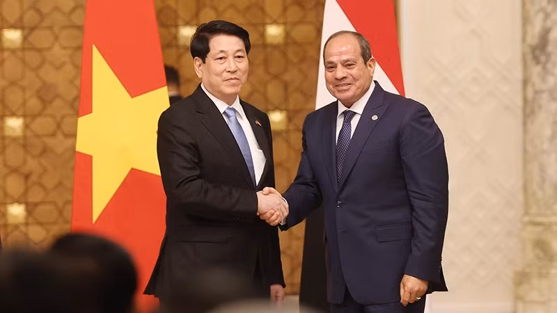 Chủ tịch nước Lương Cường và Tổng thống Ai Cập Abdel Fattah AL Sisi tại cuộc gặp gỡ báo chí, thông tin về kết quả hội đàm. (Ảnh: TTXVN) 