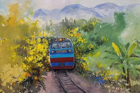 Tác phẩm "Đường tàu đường hoa" của họa sĩ Quỳnh Thơm. (Ảnh: NVCC)
