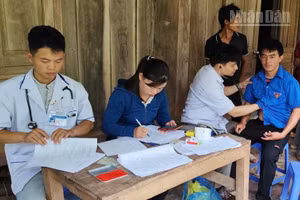 Bác sĩ Trung tâm Y tế Nậm Pồ (thuộc Sở Y tế tỉnh Điện Biên) khám sức khỏe miễn phí cho nhân dân trên địa bàn xã Nà Bủng. (Ảnh: LÊ LAN)