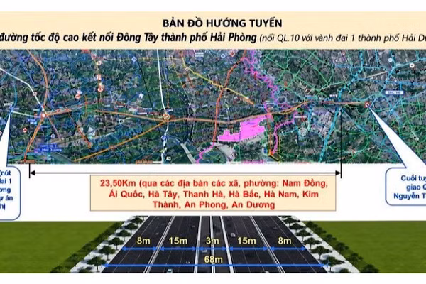 Bản đồ hướng tuyến tuyến đường kết nối đông-tây thành phố. (Ảnh: ĐÀM THANH)