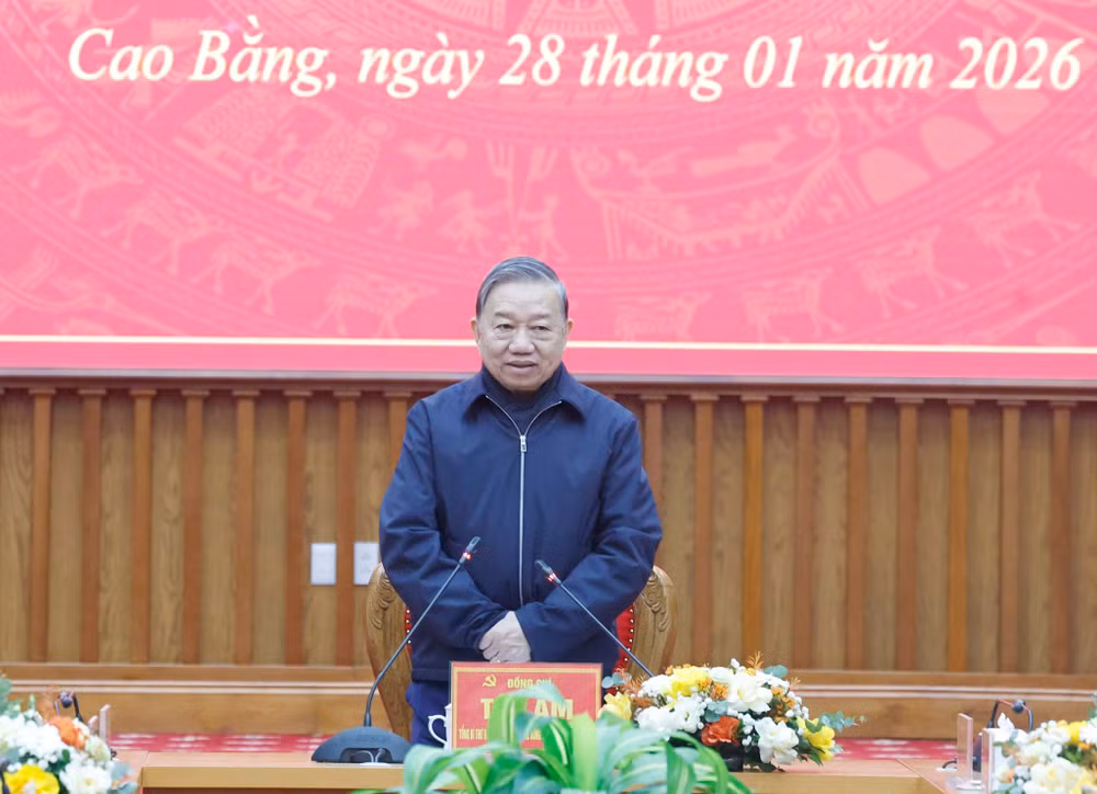 Tổng Bí thư Tô Lâm phát biểu tại buổi làm việc với Ban Chấp hành Đảng bộ tỉnh Cao Bằng. (Ảnh: Thống Nhất/TTXVN)