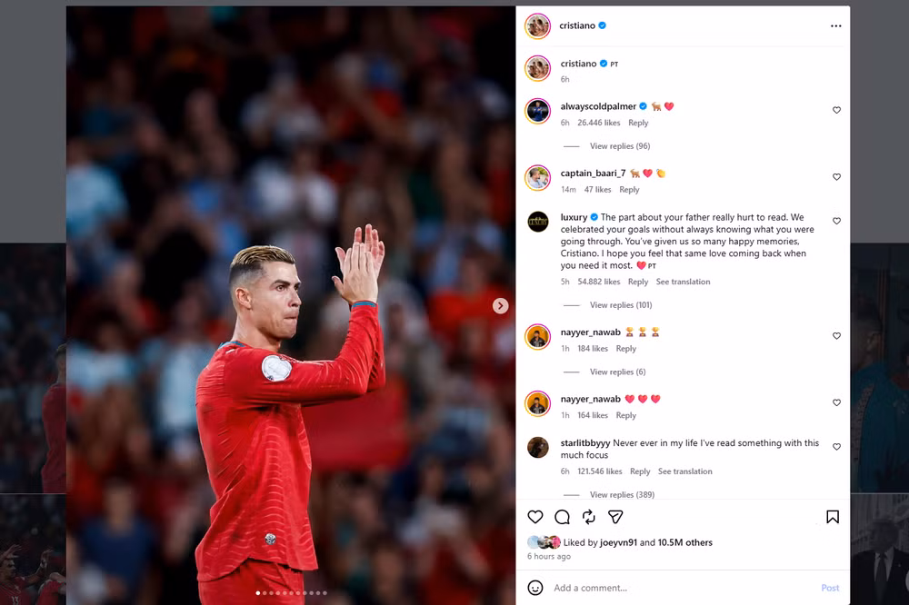Tâm thư được Cristiano Ronaldo đăng trên trang cá nhân.