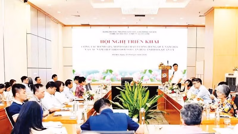 Đảng ủy Đại học Kinh tế quốc dân tổ chức hội nghị triển khai công tác đánh giá, xếp loại chất lượng hằng quý năm 2026 và các năm tiếp theo đối với cán bộ lãnh đạo, quản lý (Ảnh: BAN TỔ CHỨC)