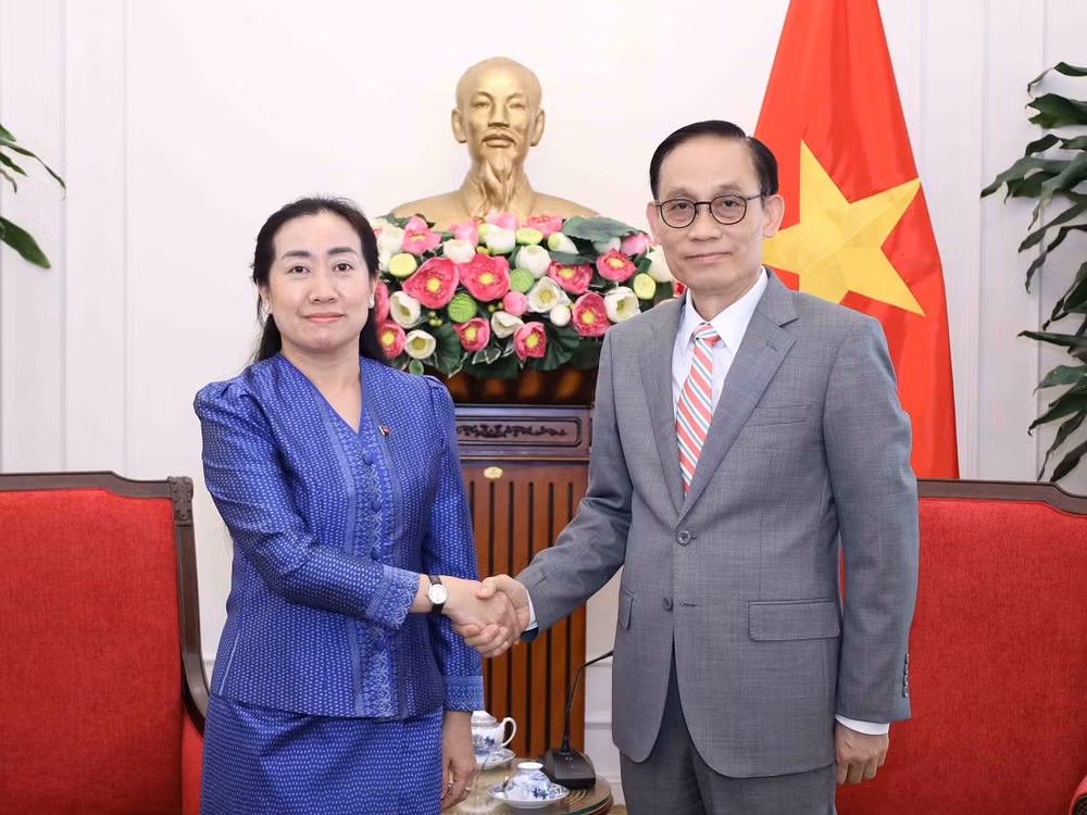 Bộ trưởng Ngoại giao Lê Hoài Trung tiếp bà Touch Sopharath, Đại sứ Campuchia tại Việt Nam. (Ảnh: An Đăng/TTXVN)