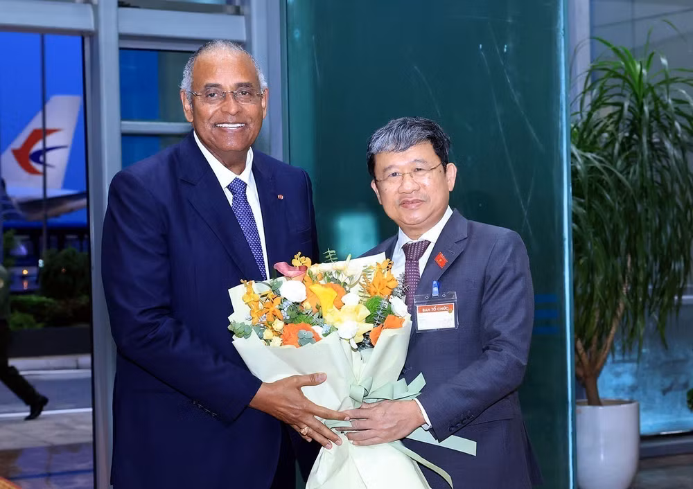 Phó Chủ nhiệm Thường trực Ủy ban Quốc phòng, An ninh và Đối ngoại của Quốc hội Vũ Hải Hà đón Chủ tịch Quốc hội Côte d’Ivoire Patrick Achi tại sân bay quốc tế Nội Bài. Ảnh: TTXVN