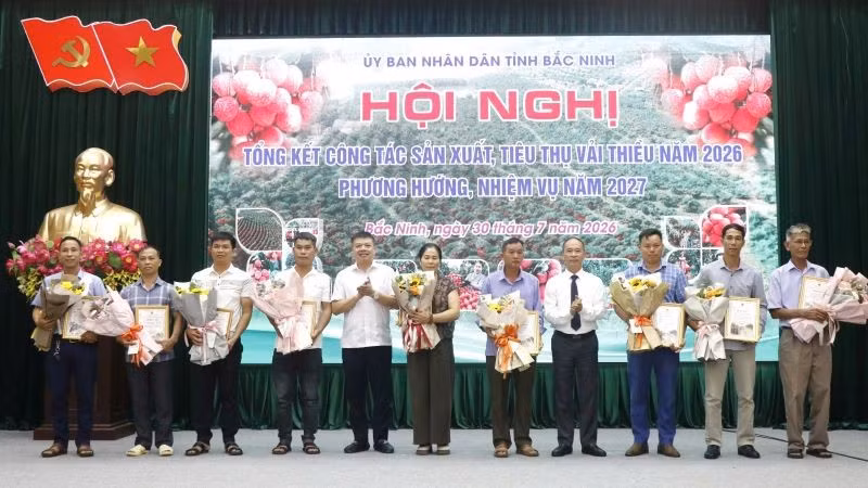 Lãnh đạo Ủy ban nhân dân tỉnh Bắc Ninh trao giấy chứng nhận vườn vải đẹp cho các chủ vườn tại Hội nghị tổng kết sản xuất, tiêu thụ vải thiều năm 2026.