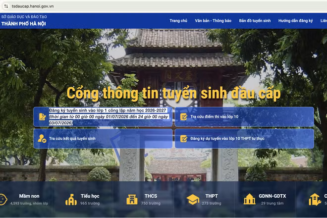 Giao diện Cổng thông tin tuyển sinh đầu cấp của thành phố Hà Nội.