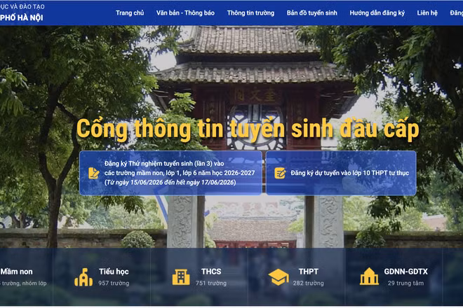 Giao diện Cổng tuyển sinh đầu cấp của thành phố Hà Nội, một trong những kênh tra cứu điểm thi vào lớp 10 chính thức của Sở Giáo dục và Đào tạo Hà Nội