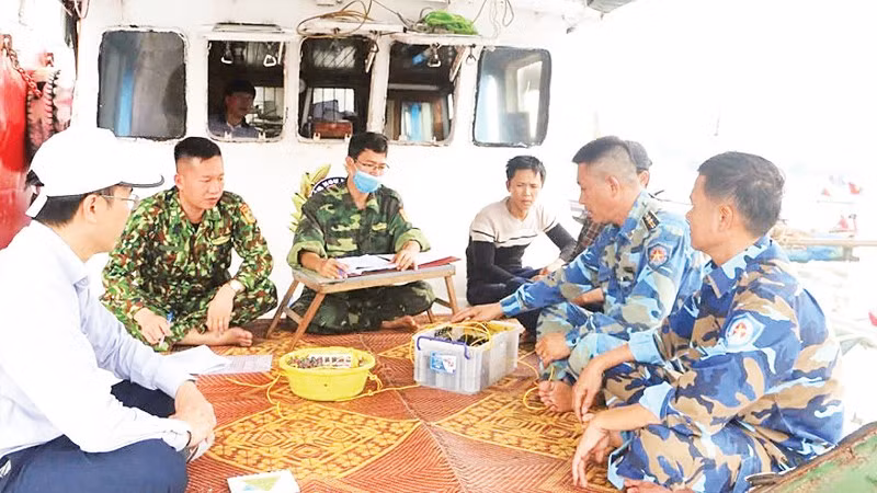Lực lượng chức năng kiểm tra, xử lý tàu vi phạm tại bến cá.