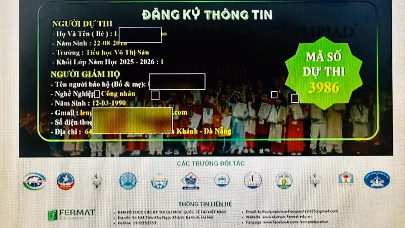 Thông tin người dân đăng ký cho con “Thi toán Timo”. (Ảnh: Công an cung cấp)