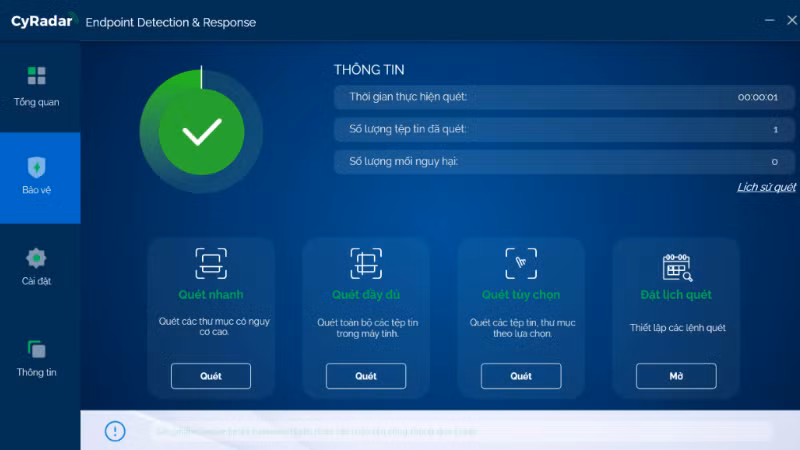 Màn hình quét mã độc của CyRadar EDR hiển thị thời gian quét, số lượng tệp đã kiểm tra và các chế độ quét như quét nhanh, quét đầy đủ, quét tùy chọn và đặt lịch quét.