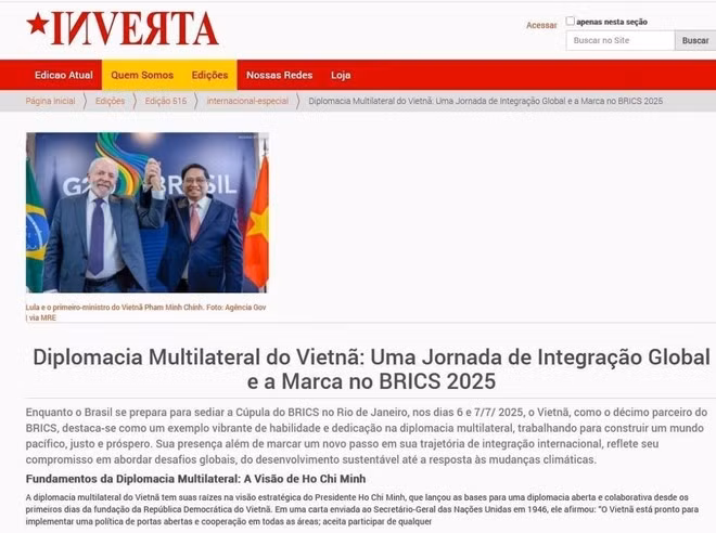 Bài viết “Ngoại giao đa phương Việt Nam - Hành trình hội nhập toàn cầu và dấu ấn tại BRICS 2025” trên trang INVERTA của Brazil. (Ảnh: Diệu Hương/TTXVN)