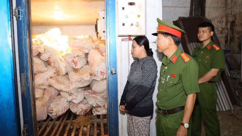 Lực lượng chức năng kiểm tra kho bảo quản lợn chết của Lê Thị Bích Phượng.