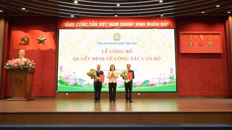 Phó Chánh án Tòa án nhân dân tối cao Nguyễn Hải Trâm trao quyết định bổ nhiệm cán bộ.