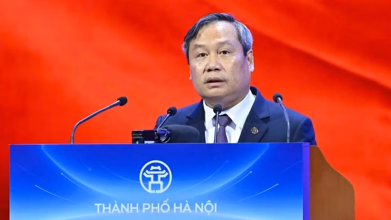 Chủ tịch Ủy ban nhân dân thành phố Hà Nội Vũ Đại Thắng phát biểu tại hội nghị. (Ảnh: THỦY NGUYÊN)
