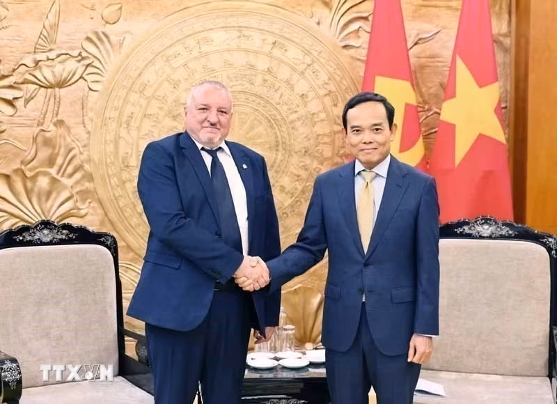 Bí thư Trung ương Đảng, Trưởng Ban Chính sách, Chiến lược Trung ương Trần Lưu Quang tiếp Chủ tịch Đảng Xã hội Hungary Imre Komjáthi. (Ảnh: Minh Đức/TTXVN)