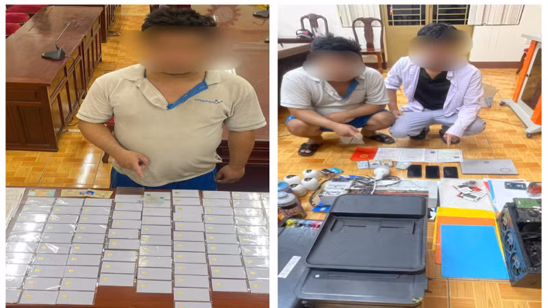 Đối tượng B, H cùng phương tiện, thiết bị để làm giả giấy tờ. 