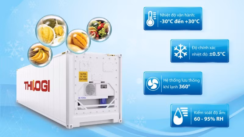 Thilogi đầu tư container lạnh số lượng lớn, vận chuyển đa dạng các mặt hàng nông sản, thủy sản, thực phẩm chế biến... Nhiệt độ được kiểm soát trong suốt hành trình.