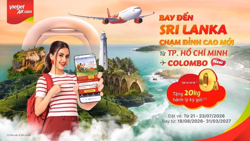 Hãng hàng không Vietjet ưu đãi giá vé Eco từ 0 đồng (chưa gồm thuế, phí) cùng ưu đãi tặng 20kg hành lý ký gửi cho hành khách đặt vé trong 3 ngày vàng từ 21 đến 23/7/2026.