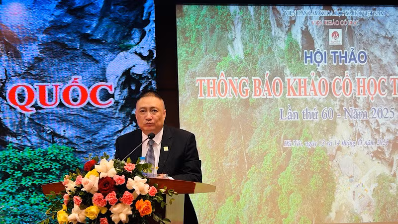 Tiến sĩ Hà Văn Cẩn, Viện trưởng Viện Khảo cổ học, phát biểu khai mạc hội thảo.