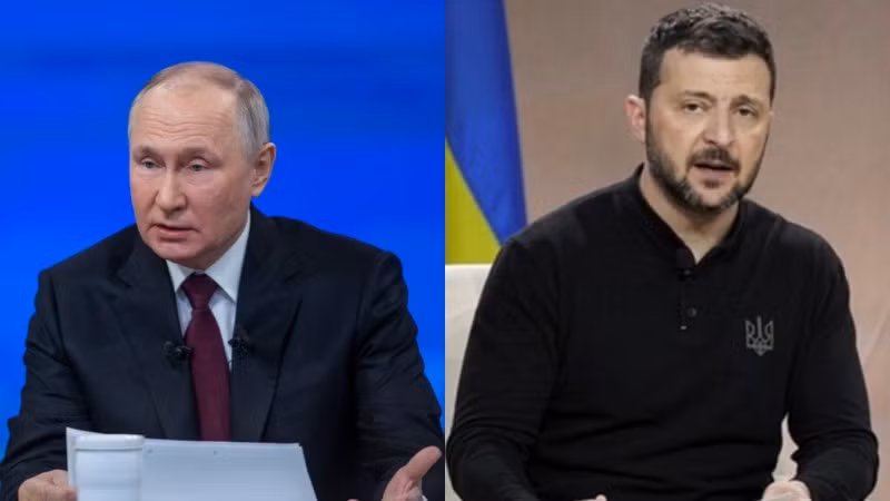 Tổng thống Nga Vladimir Putin (trái) và Tổng thống Ukraine Volodymyr Zelensky. (Ảnh: Xinhua)