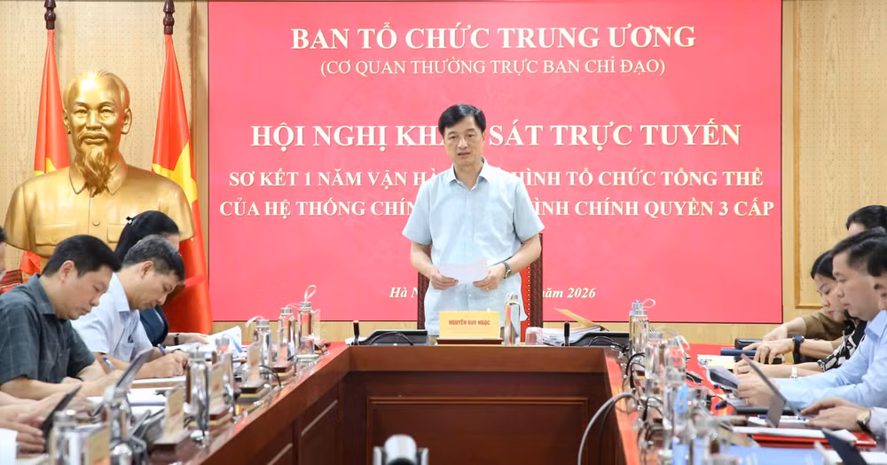Đồng chí Nguyễn Duy Ngọc, Ủy viên Bộ Chính trị, Bí thư Trung ương Đảng, Trưởng ban Tổ chức Trung ương phát biểu chỉ đạo tại Hội nghị khảo sát trực tuyến sơ kết một năm vận hành mô hình tổ chức tổng thể của hệ thống chính trị, mô hình chính quyền 3 cấp. (Ảnh: dangcongsan.org.vn)