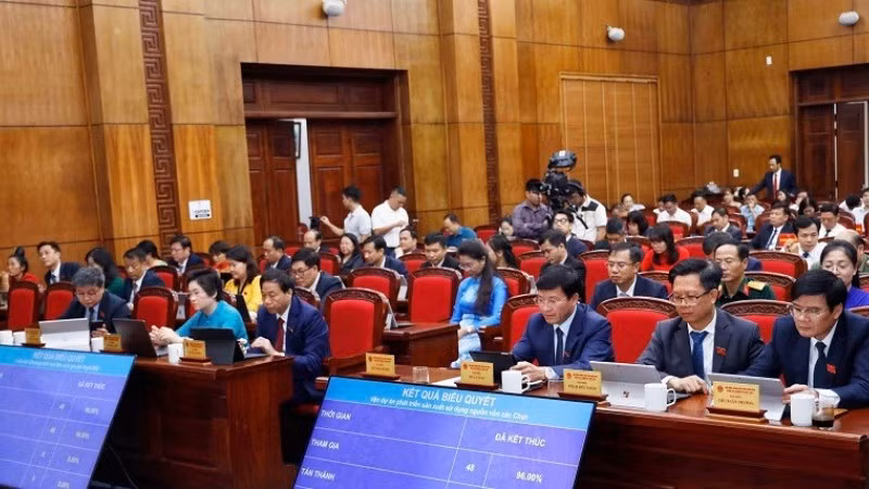 Đại biểu dự Kỳ họp thứ Tư Hội đồng nhân dân tỉnh Điện Biên khóa XVI biểu quyết thông qua các nghị quyết. 