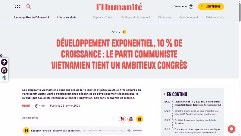 Báo Nhân đạo nhấn mạnh mục tiêu đề ra từ Đại hội XIV của Đảng Cộng sản Việt Nam, đạt tốc độ tăng trưởng GDP bình quân từ 10%/năm trở lên.