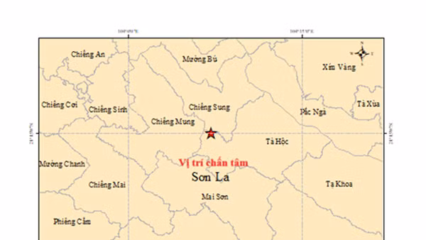 Bản đồ tâm trấn trận động đất độ lớn 4,2 tại xã Tà Hộc, tỉnh Sơn La. (Ảnh: Viện Các khoa học Trái đất cung cấp)